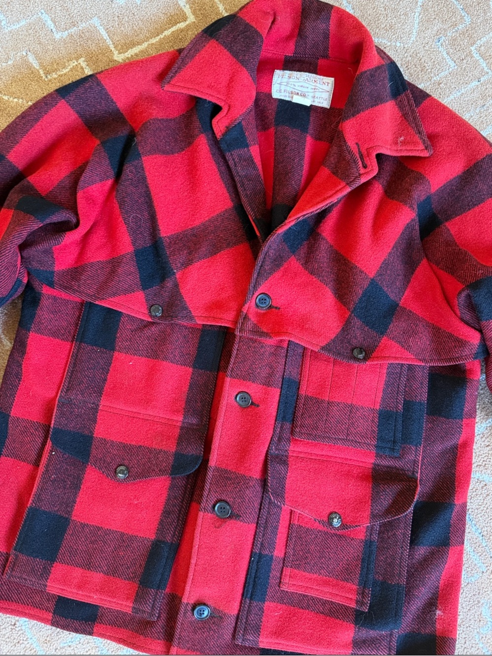 Vintage Filson Double Mackinaw Cruiser Jacket Red Black Plaid Size 44